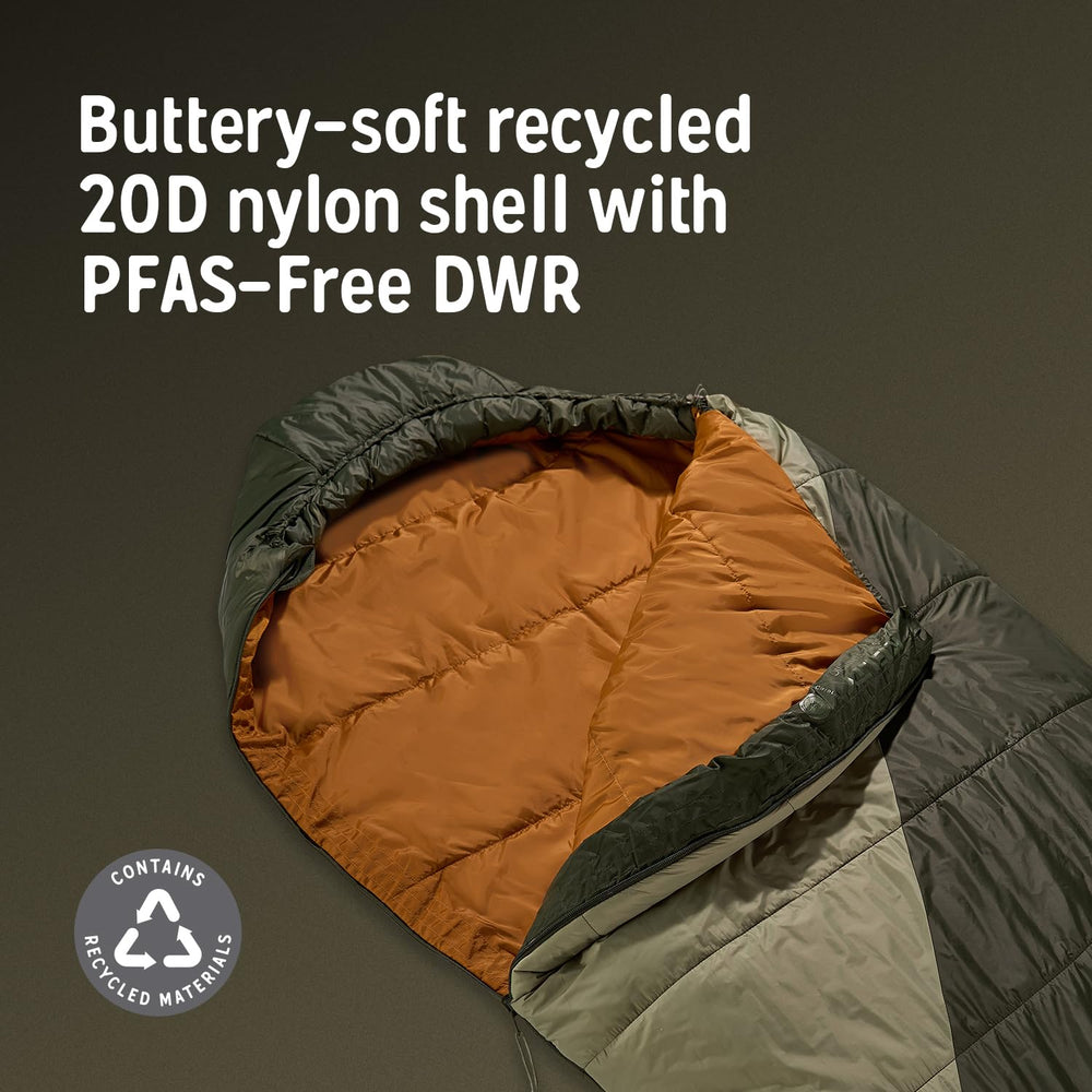 Kelty Cosmic includes an integrated compression stuff sack for compact packing.