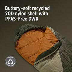 Kelty Cosmic includes an integrated compression stuff sack for compact packing.