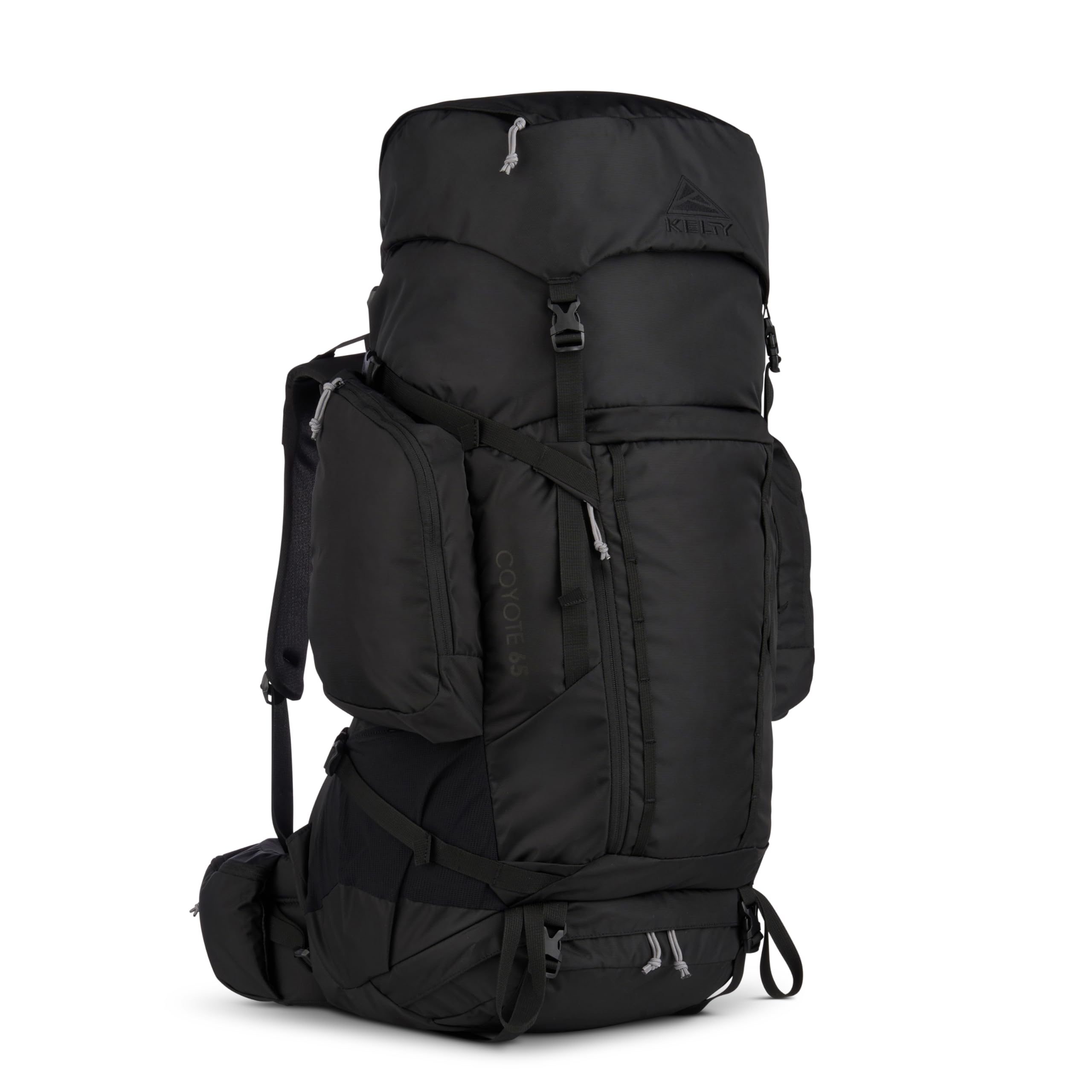Kelty Coyote 65L backpack side view shows stable frame for rugged trails.