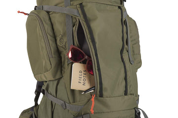 Kelty Coyote 65L top lid security sleeve secures valuables on stopovers.