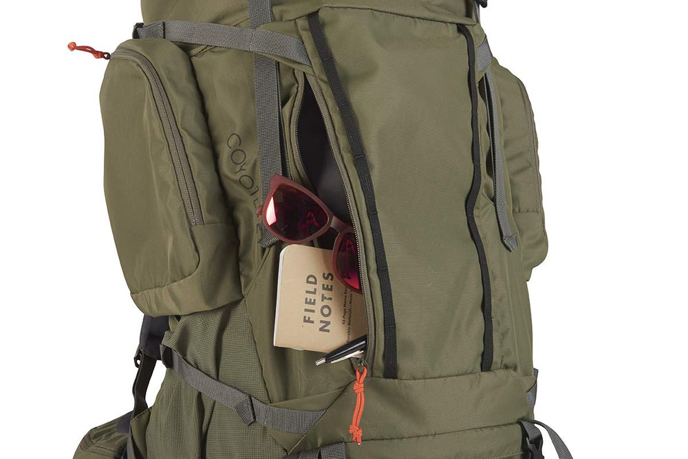 Kelty Coyote 65L top lid security sleeve secures valuables on stopovers.