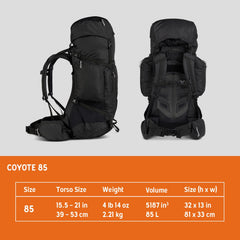 Kelty Coyote 85L backpack side profile highlighting compact silhouette