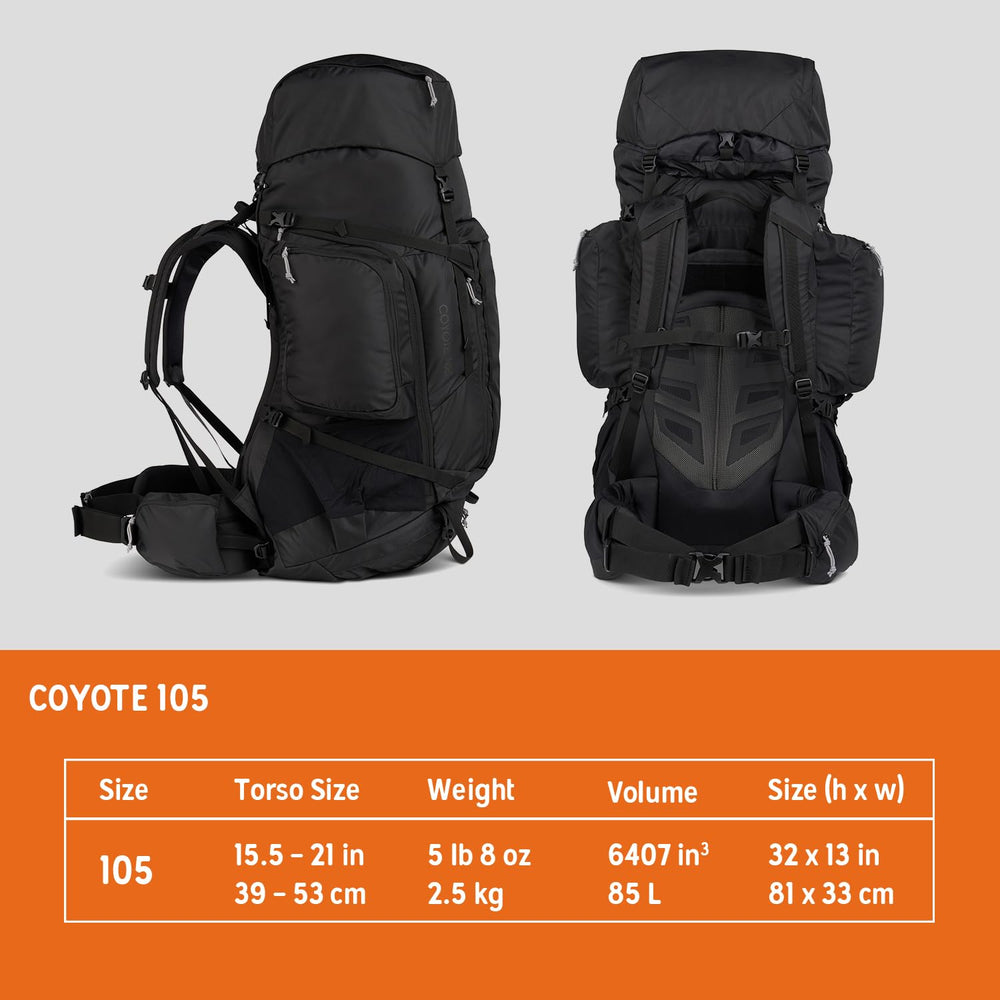 Kelty Coyote perimeter-frame stability highlighted for rugged terrain and balanced weight distribution.