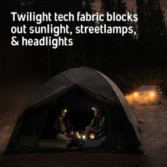 Kelty Daydreamer 4P Twilight Tech rainfly blocks sun for undisturbed rest.