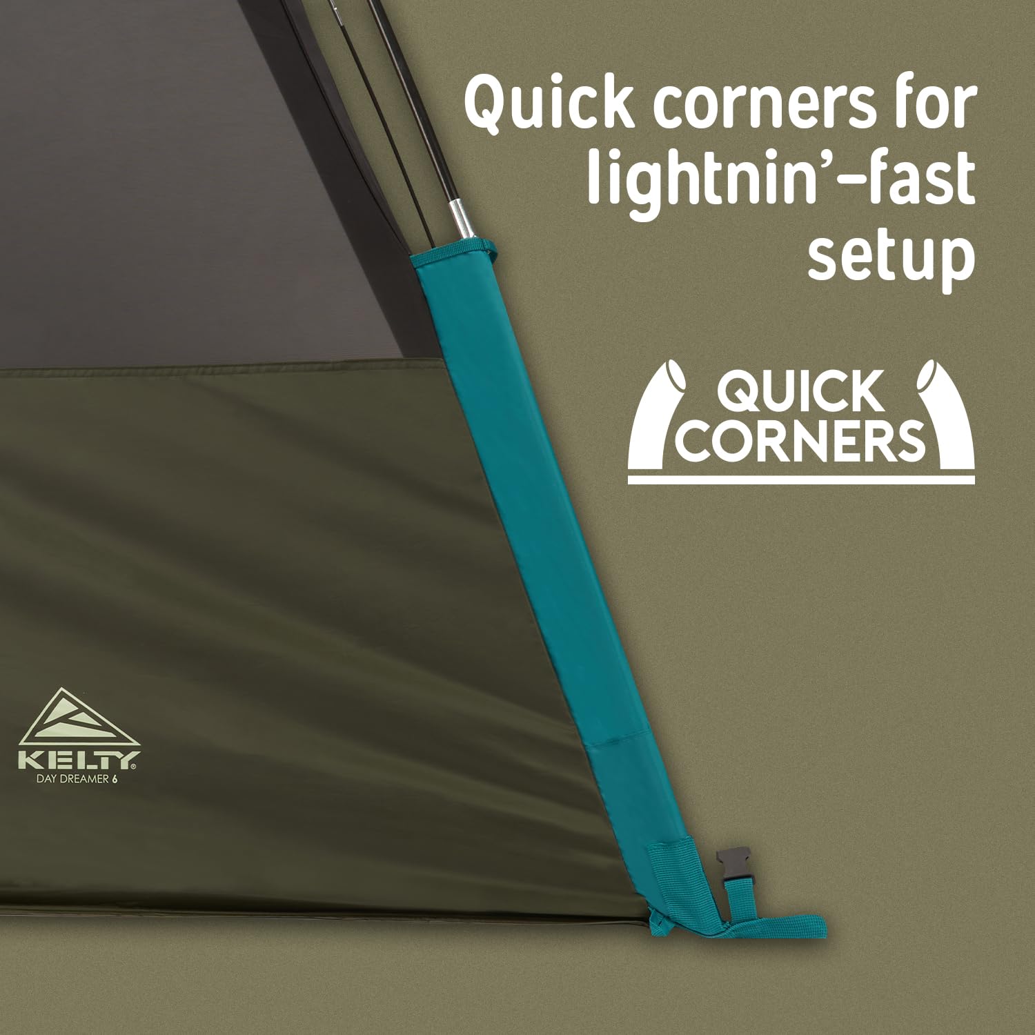 Kelty Daydreamer quick corners enable one-person setup in minutes.