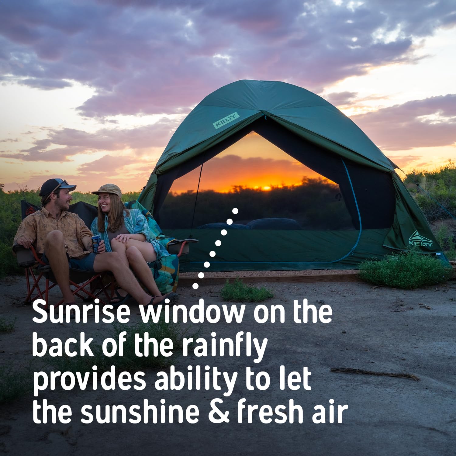 Kelty Daydreamer Twilight Tech rainfly reduces sun glare for better shade.