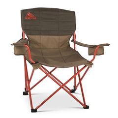 Kelty Deluxe Lounge Chair by the campfire with insulated cupholders for warm beverages.