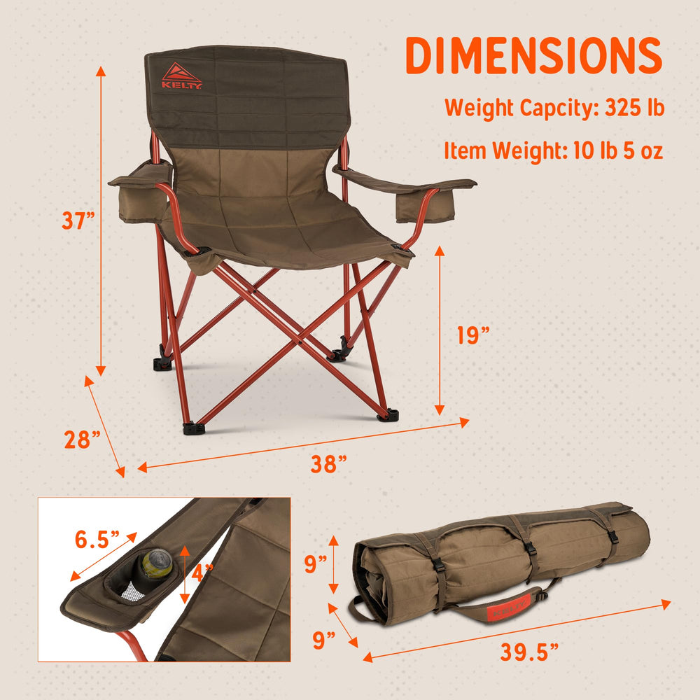 Adjustable armrests and insulated cupholders elevate the Kelty lounge chair.