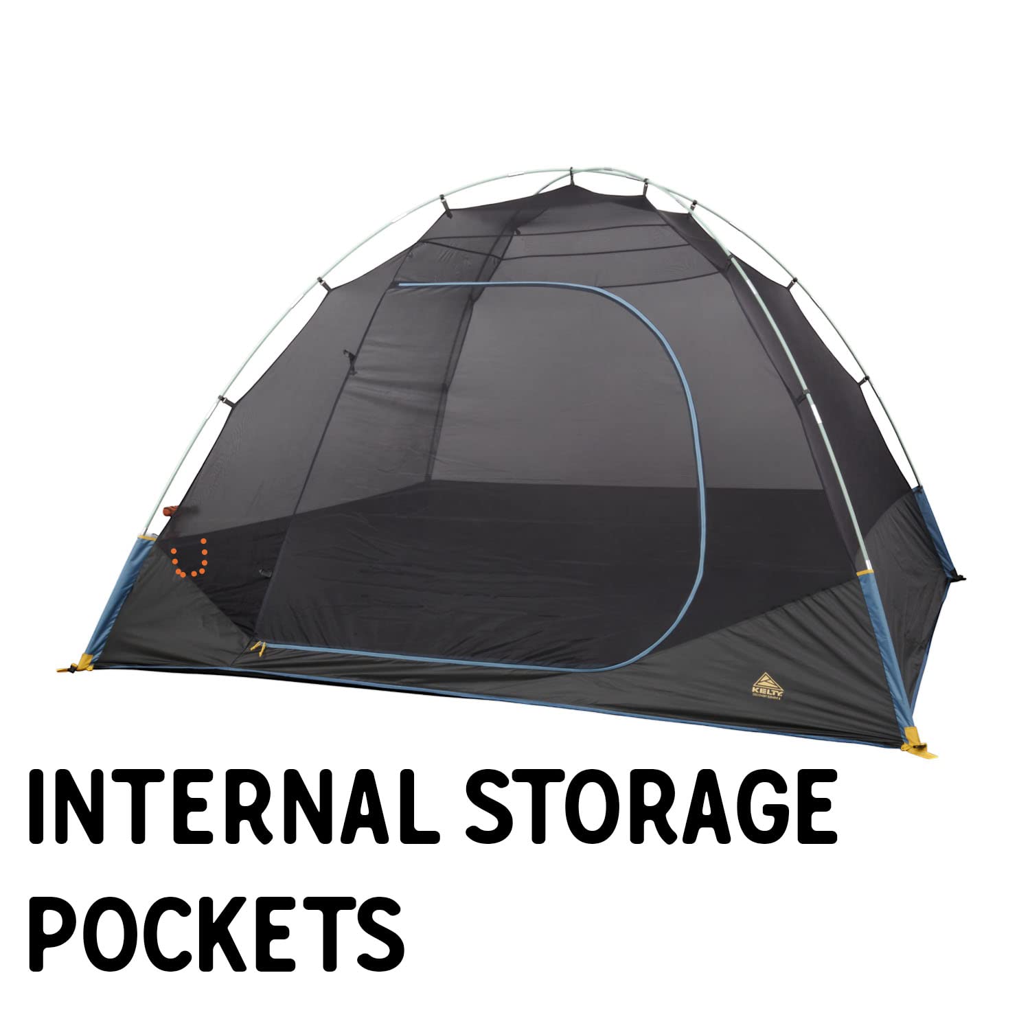 Kelty Discovery Element storm-frame shows sturdy fiberglass poles for wind-ready shelter.
