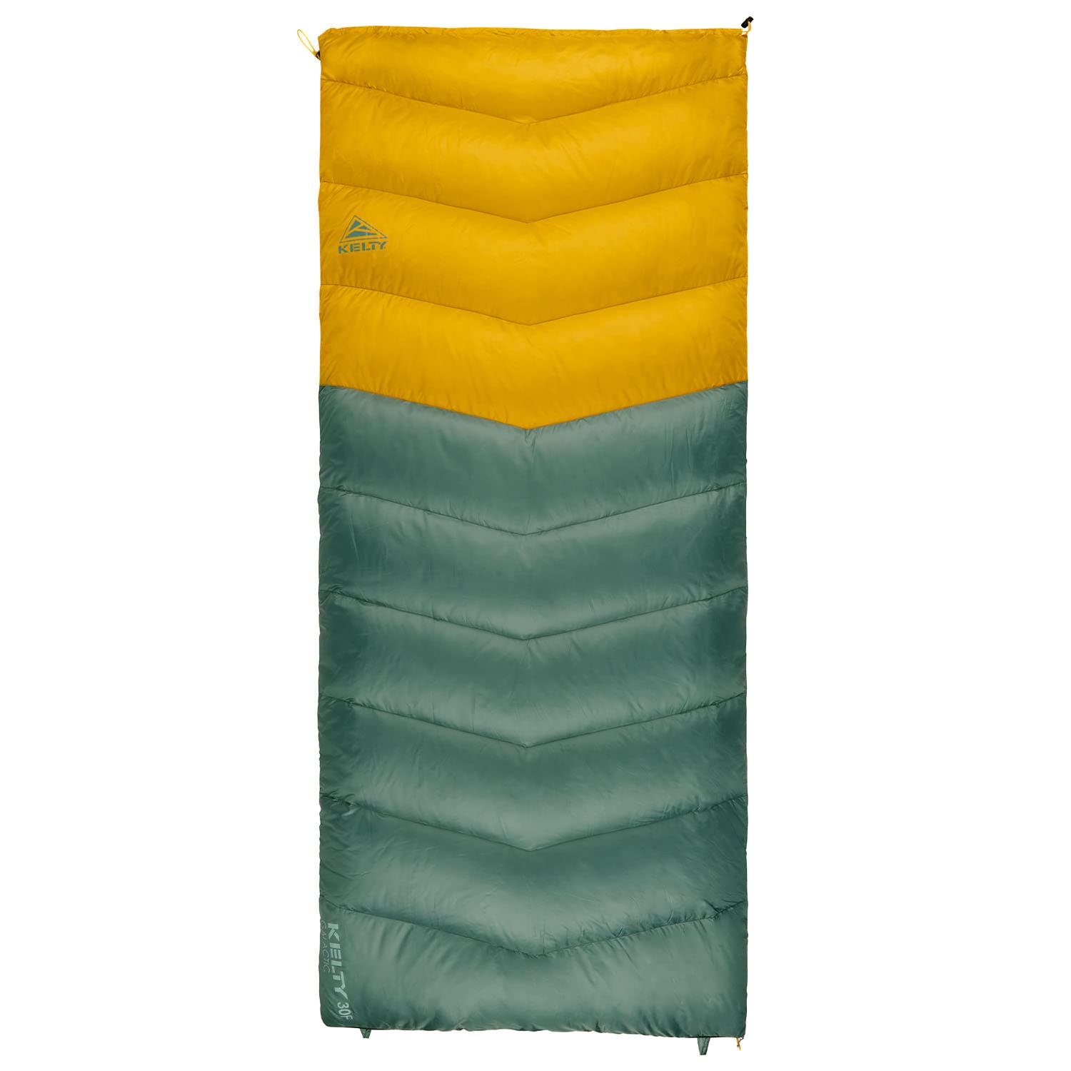 Kelty Galactic Down 30 degree sleeping bag on duck green shell ready for backpacking warmth.