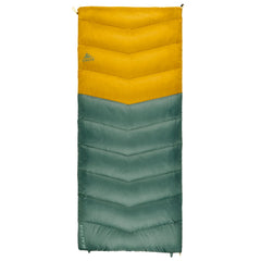 Kelty Galactic Down 30 degree sleeping bag on duck green shell ready for backpacking warmth.