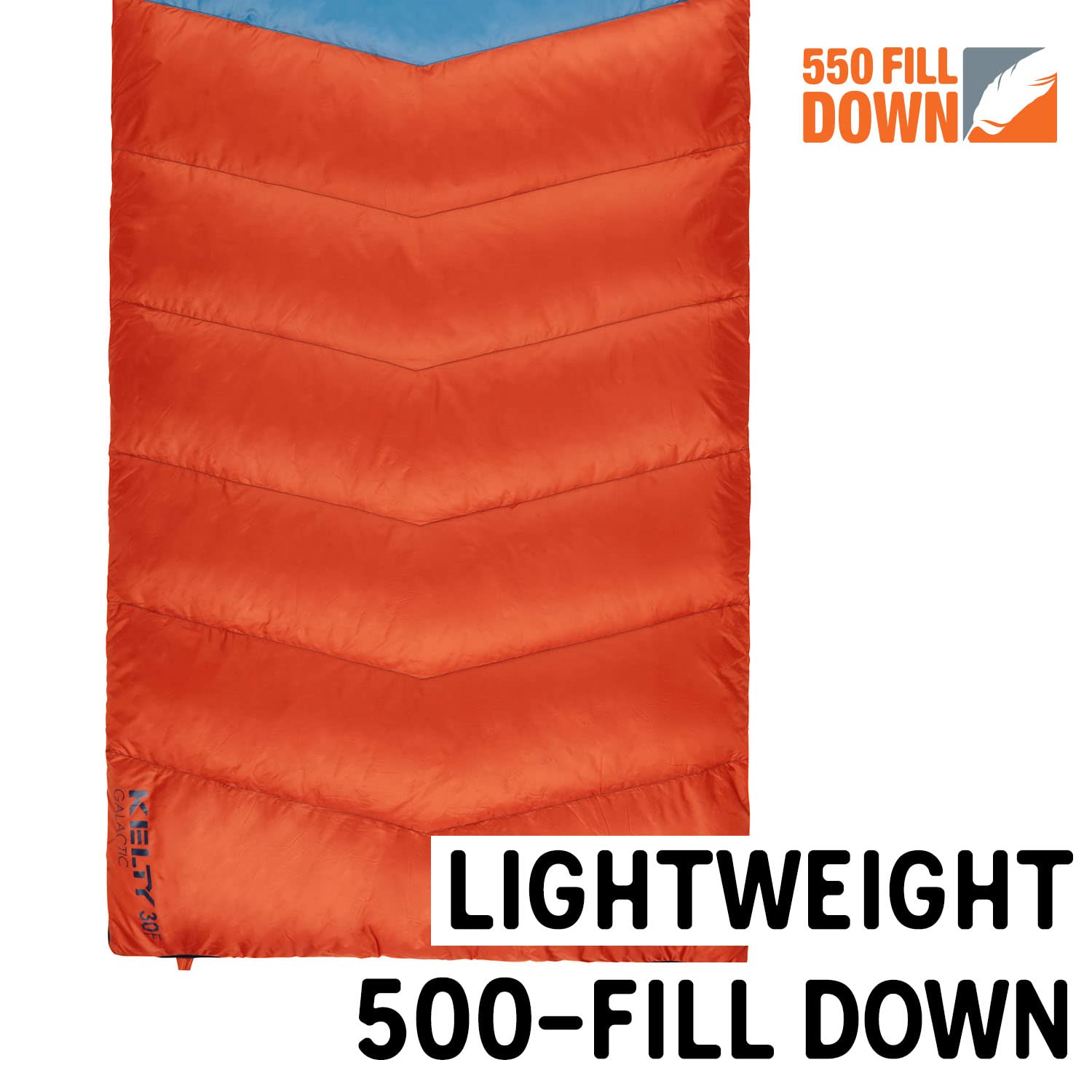 Kelty Galactic Down 30 Degree sleeping bag, zip-together 2P feature in Rooibos Tea for shared camping.