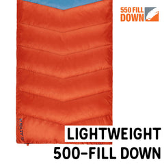 Kelty Galactic Down 30 Degree sleeping bag, zip-together 2P feature in Rooibos Tea for shared camping.