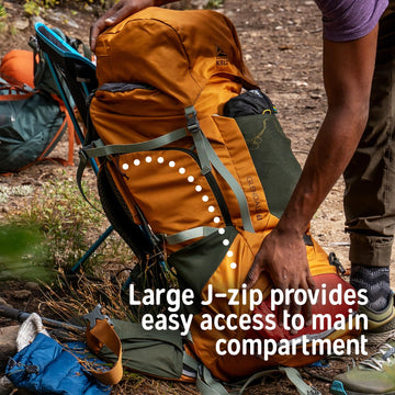 Kelty Glendale 65L J-zip front access for fast packing.