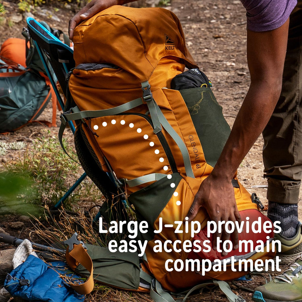 Kelty Glendale 65L J-zip front access for fast packing.