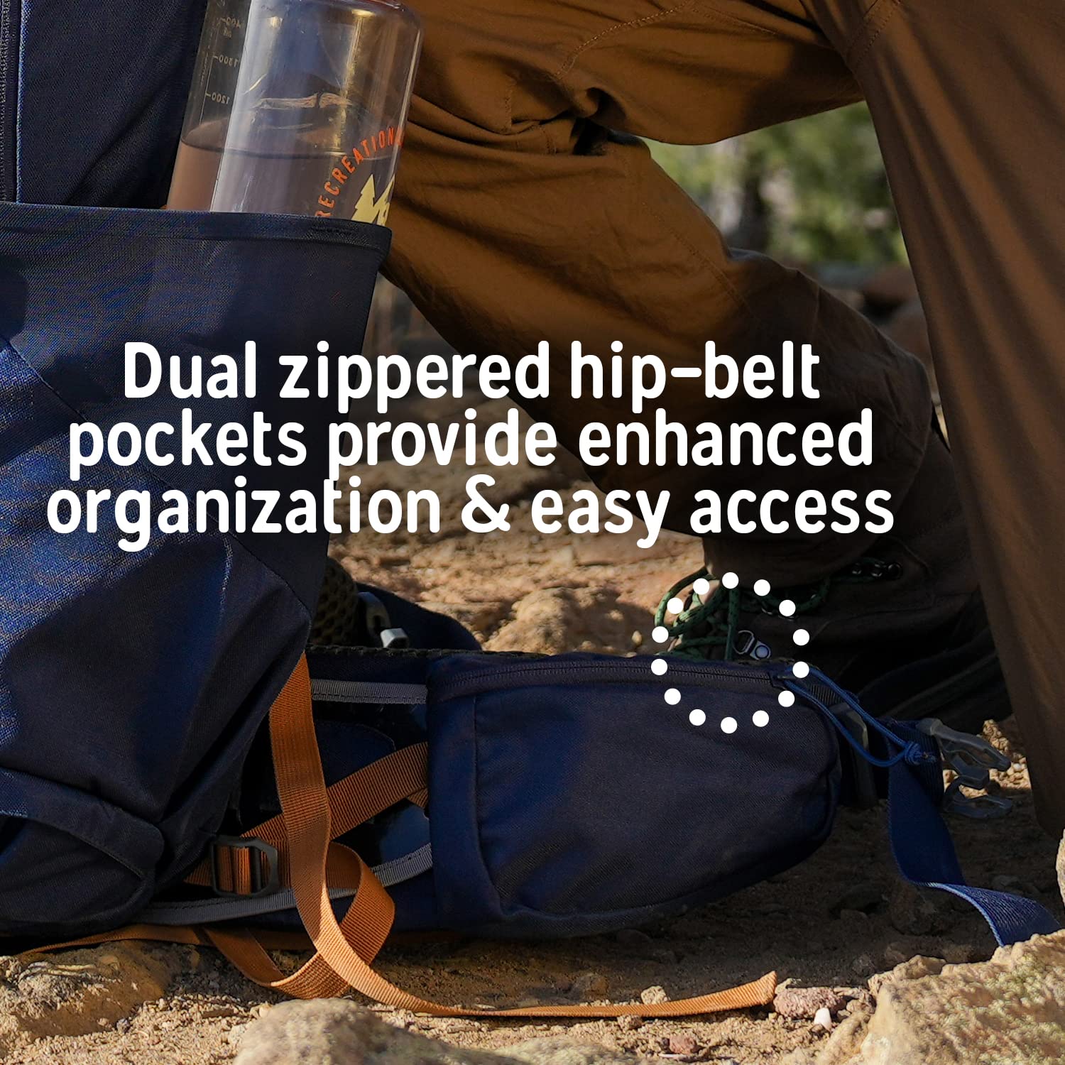 Kelty Glendale 85L dual water bottle pockets for hydration on hikes.