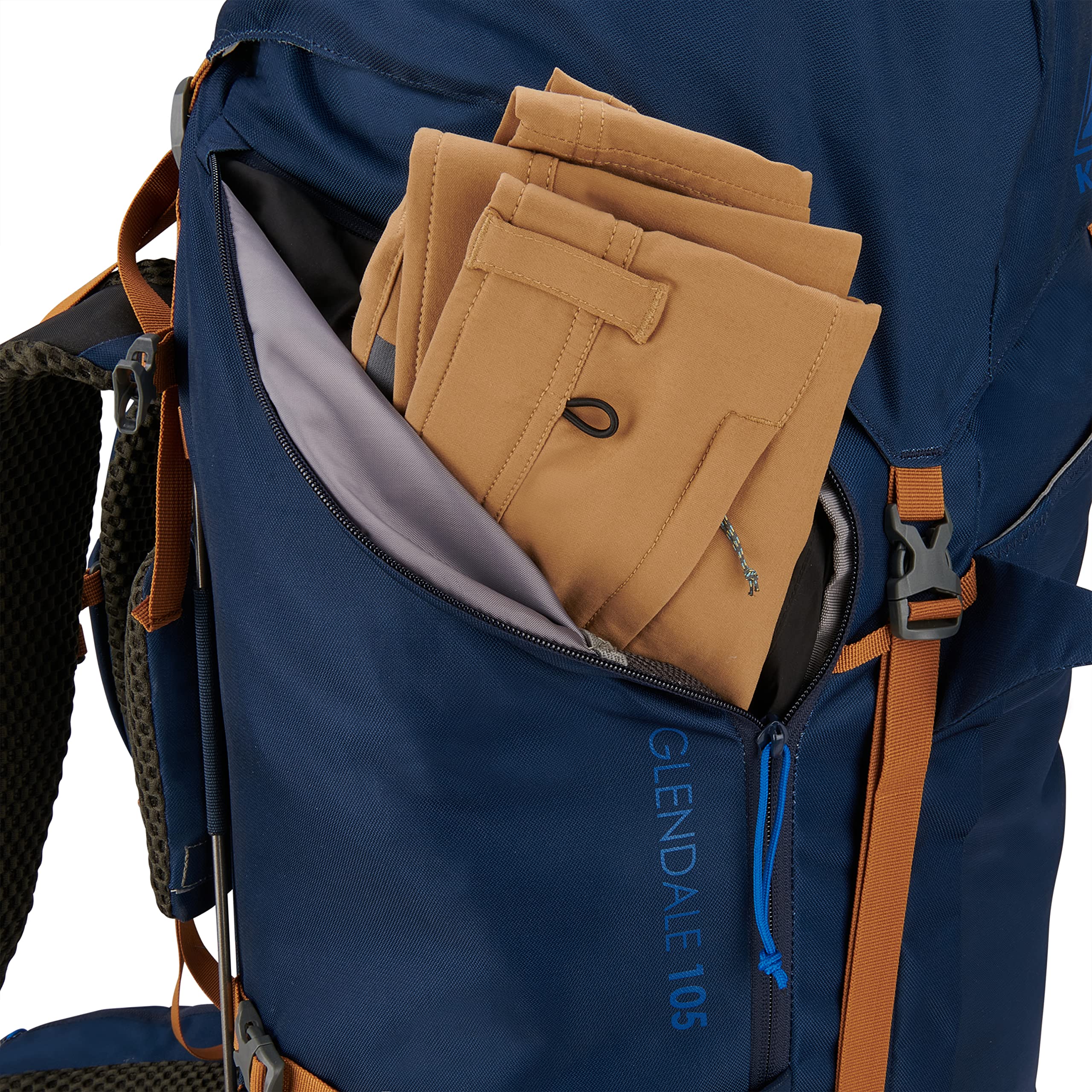 Kelty Glendale 85L Pageant Blue rain shell stretch pocket