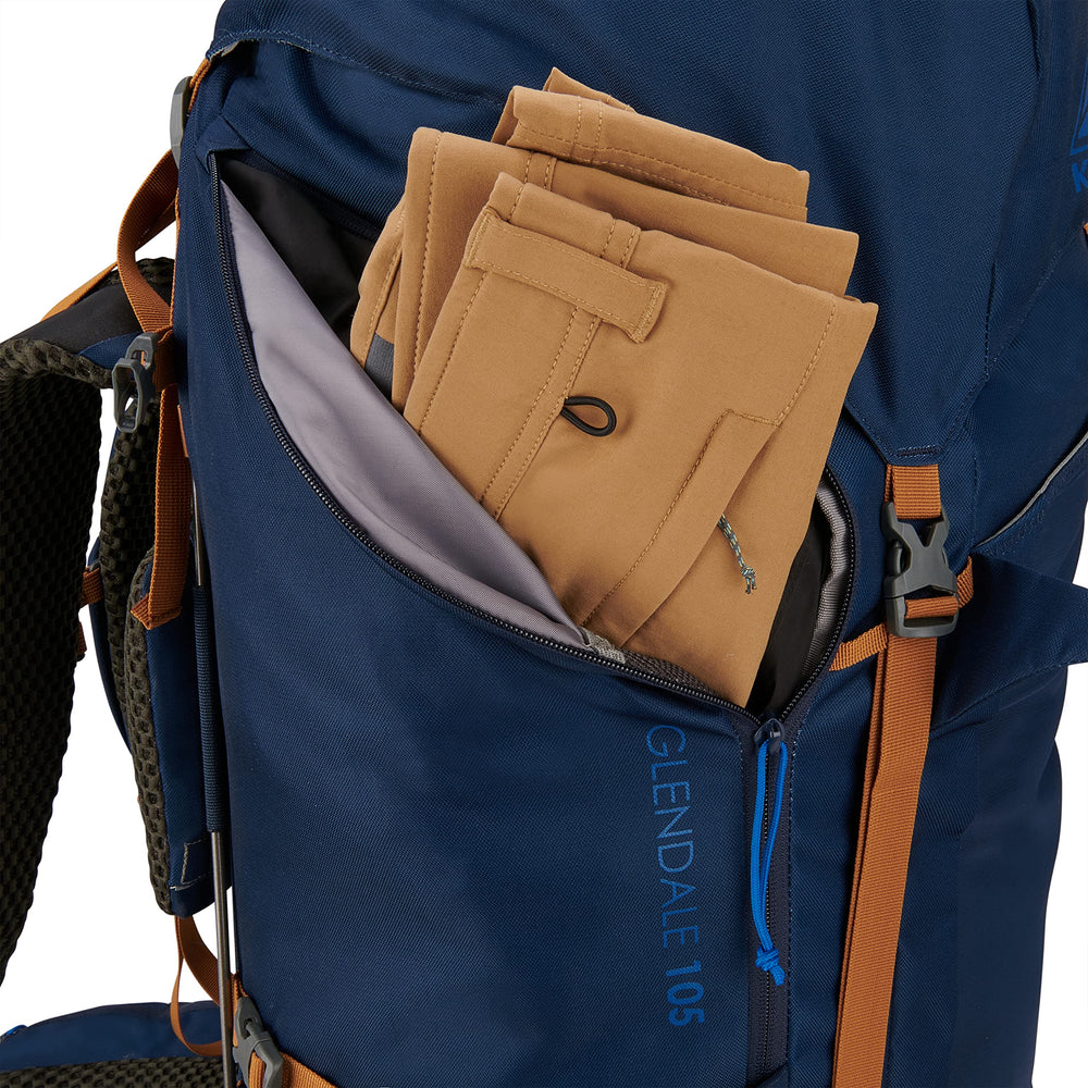 Kelty Glendale 85L Pageant Blue rain shell stretch pocket
