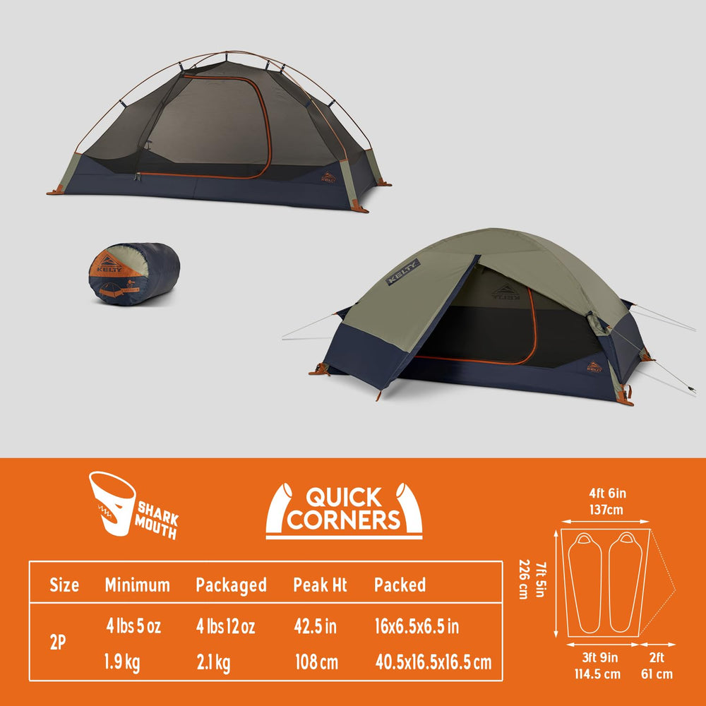 Kelty Late Start 2P vestibule offers gear storage and access.