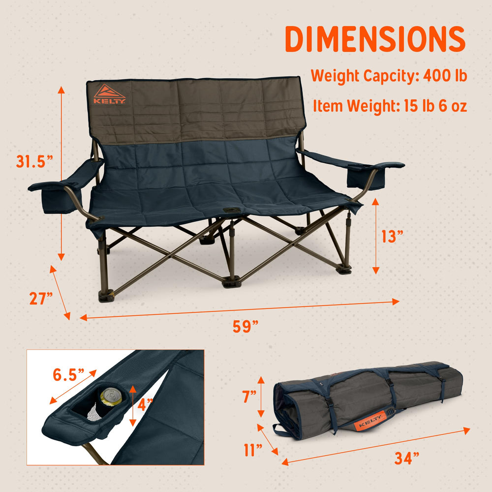 Kelty Low Loveseat insulated cupholders keep drinks cool during events.