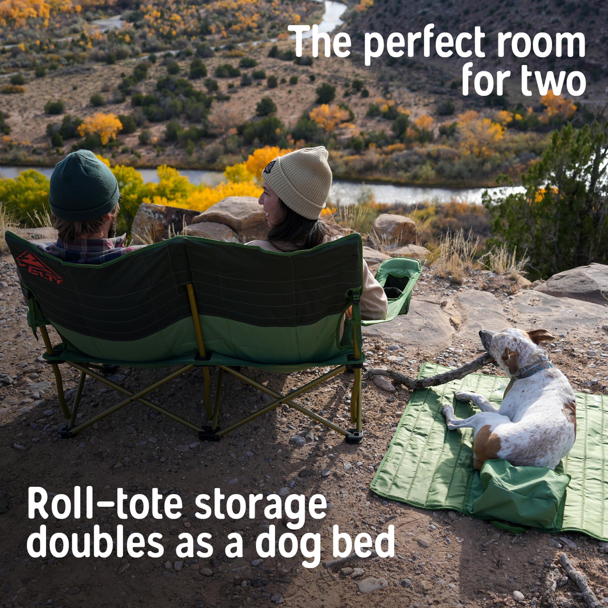 Kelty Low Loveseat at a tailgate with insulated cup holders and snacks nearby.