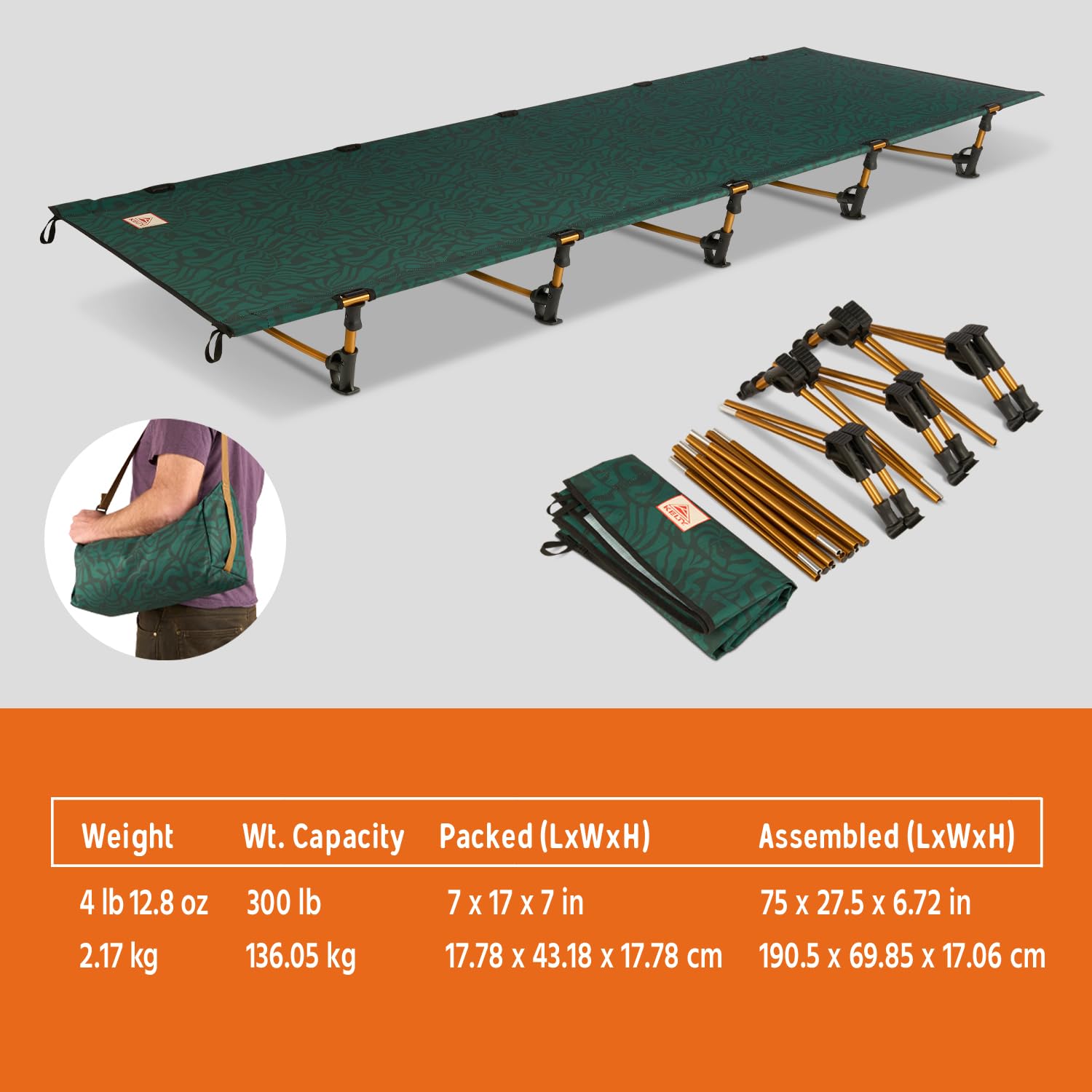 Kelty Lowdown cot at tent-ready bed height for camping comfort