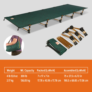 Kelty Lowdown cot at tent-ready bed height for camping comfort
