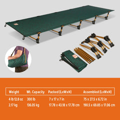 Kelty Lowdown cot at tent-ready bed height for camping comfort