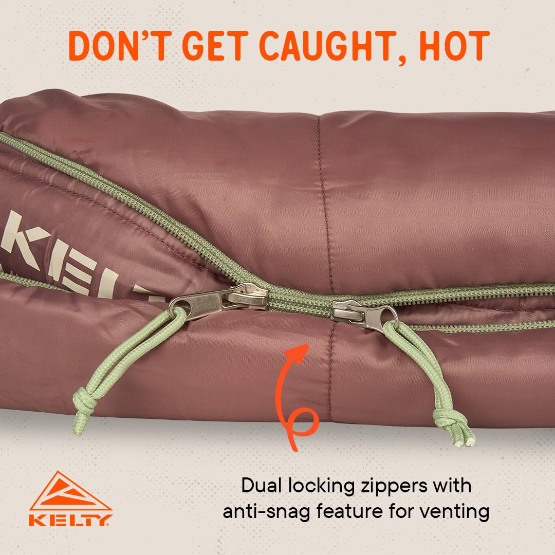 Kelty Mistral Kids 30-degree antler offset quilt construction prevents cold spots during sleep.