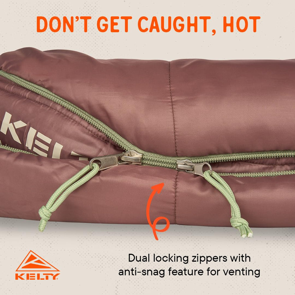 Kelty Mistral Kids 30-degree antler offset quilt construction prevents cold spots during sleep.