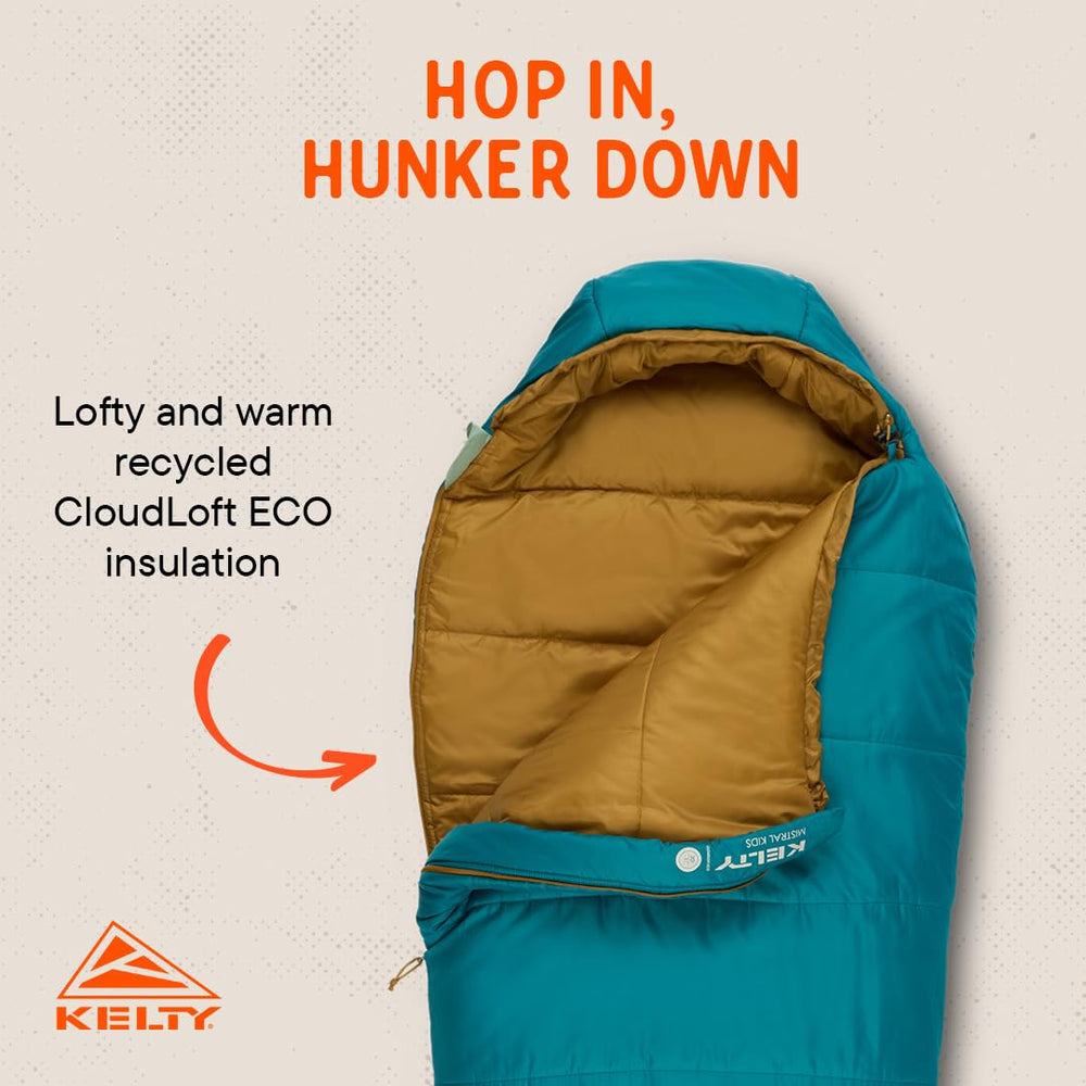 Kelty Mistral Kids 30-degree Deep Lake draft tube with anti-snag zippers enables smooth venting.
