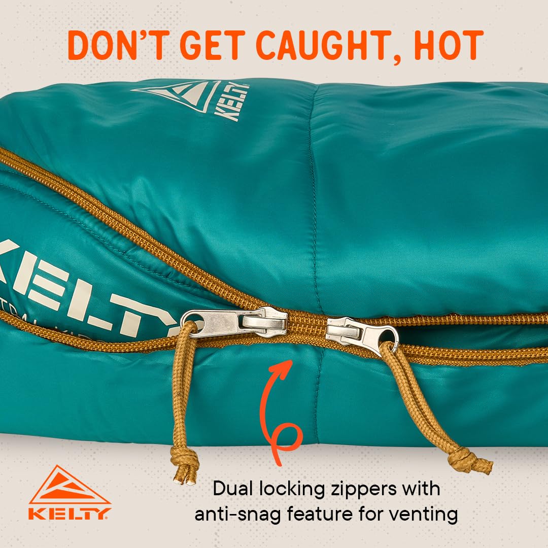 Kelty Mistral Kids 30-degree Deep Lake dual locking sliders support simple venting adjustments.