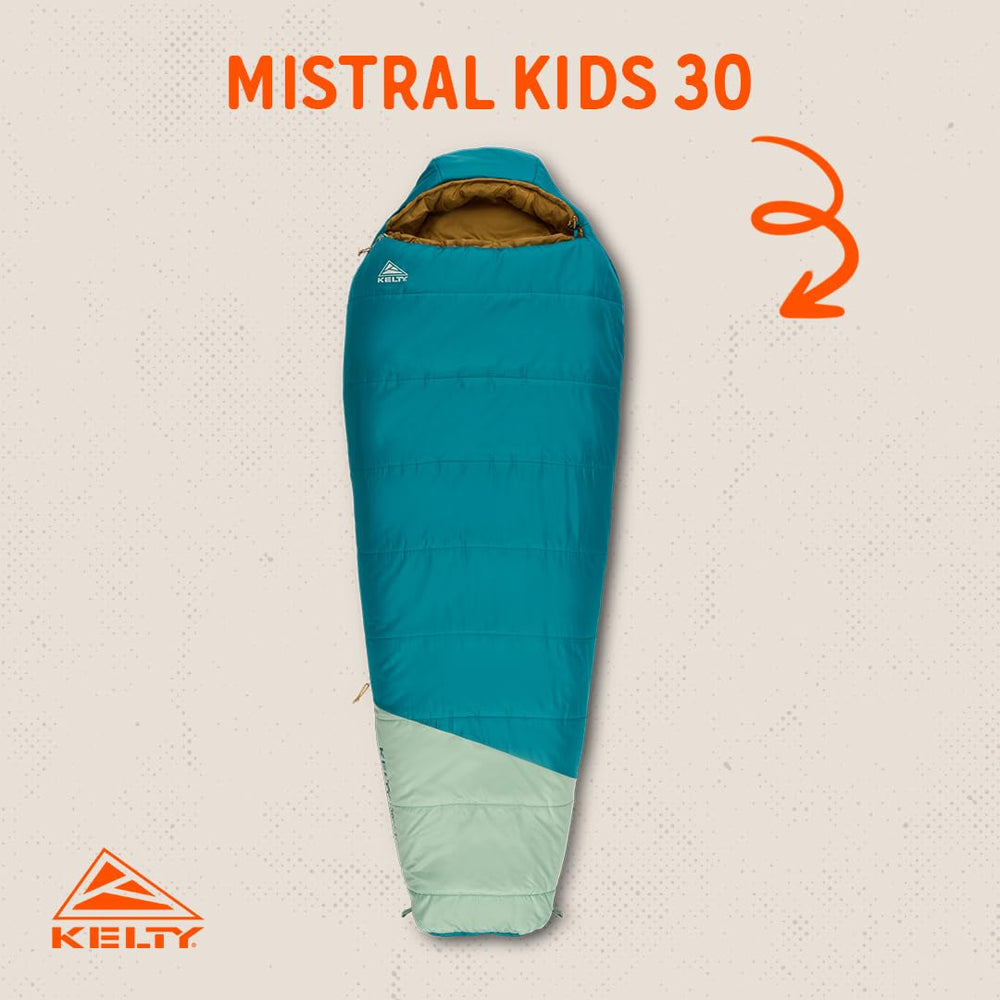 Kelty Mistral Kids 30-degree Deep Lake insulation highlights CloudLoft ECO warmth in cool nights.