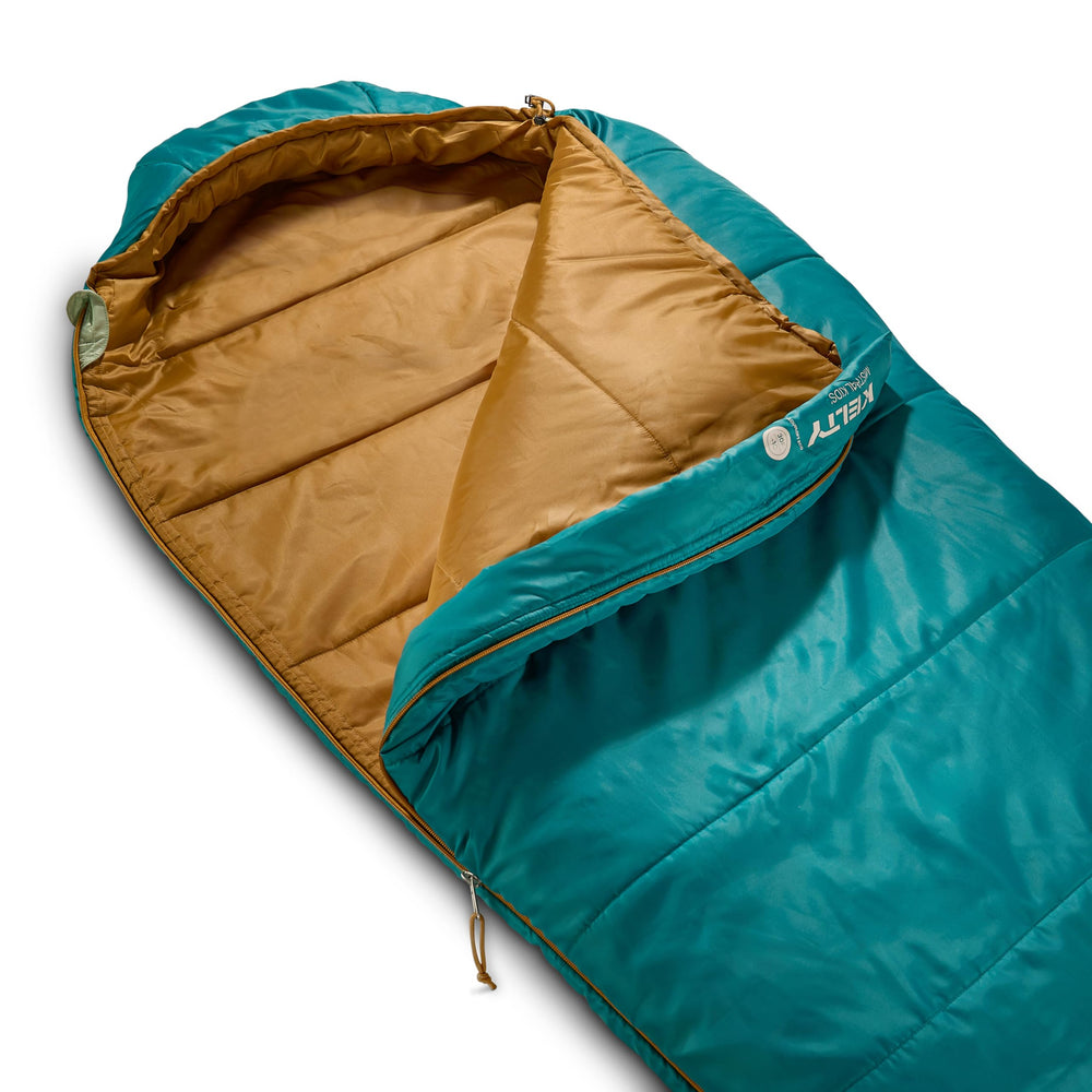 Kelty Mistral Kids 30-degree Deep Lake recycled shell supports sustainable outdoor gear.