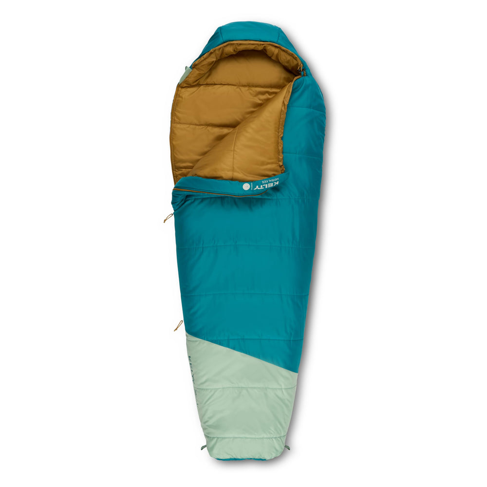 Kelty Mistral Kids 30-degree Deep Lake shell shows durable recycled fabric for weather-ready adventures.