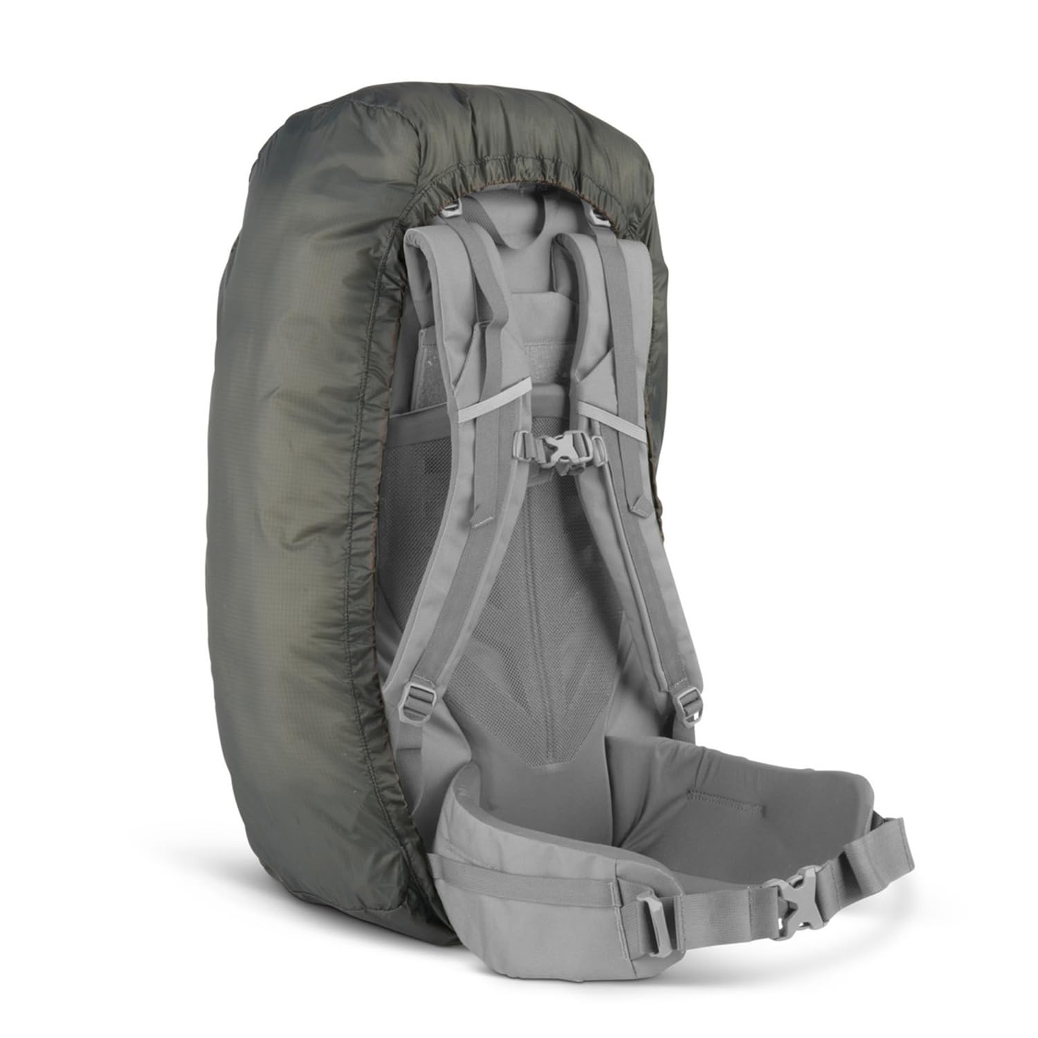 Kelty rain cover demonstrates elastic cinch with hip belt loops for secure fit