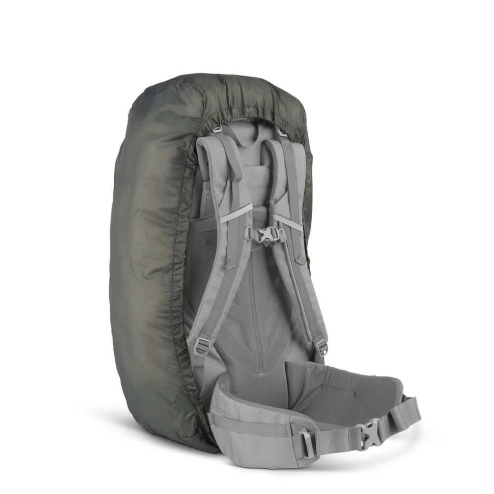 Kelty rain cover with elastic cinch and hip-belt loops secures a tight fit.