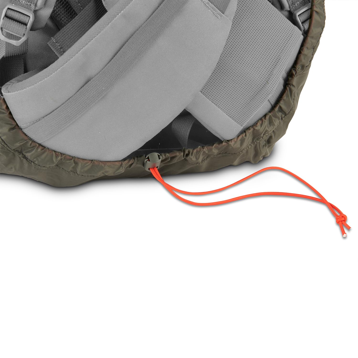 Large Kelty rain cover on 55-75L pack in rugged terrain