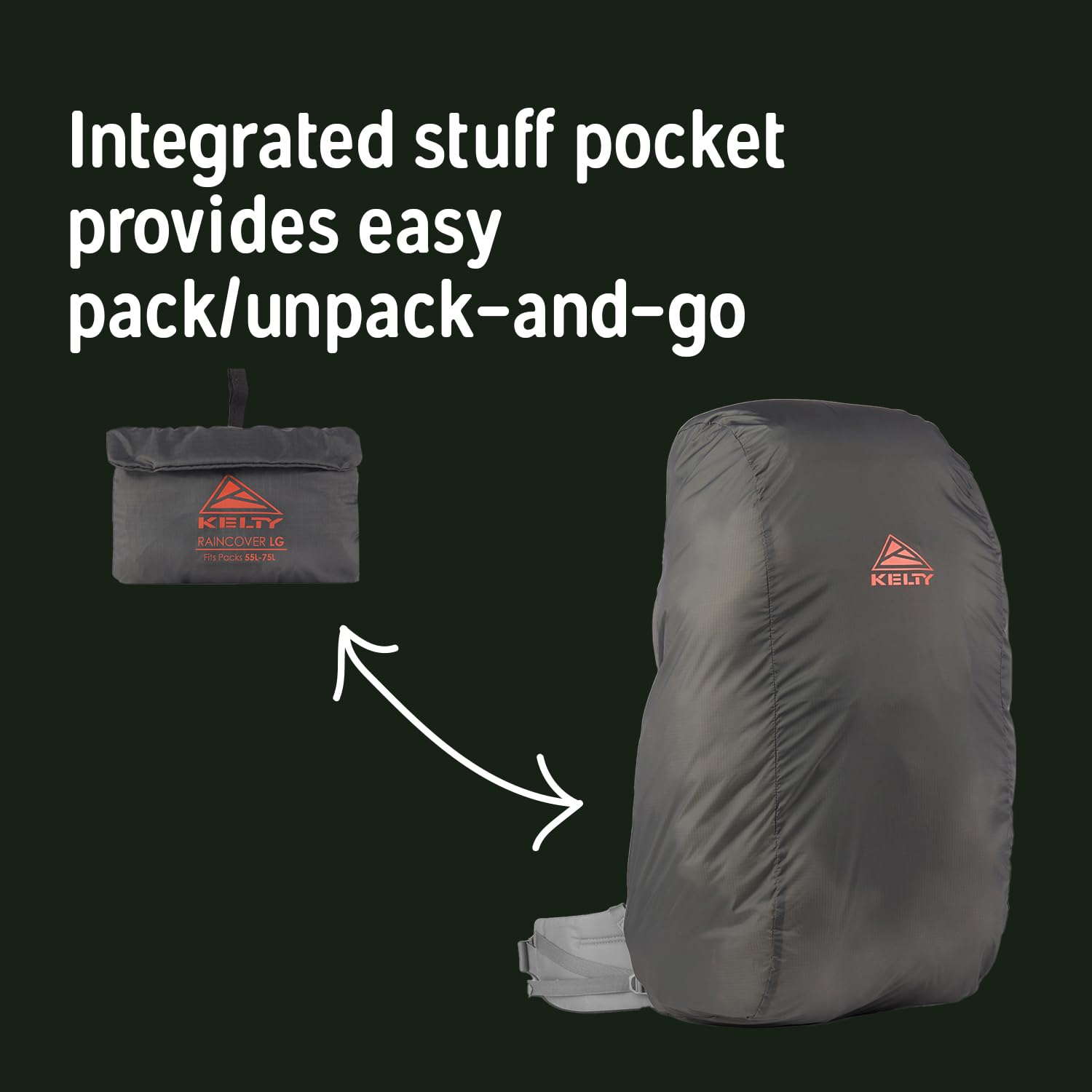 Medium Kelty rain cover on 30-50L pack on a trail