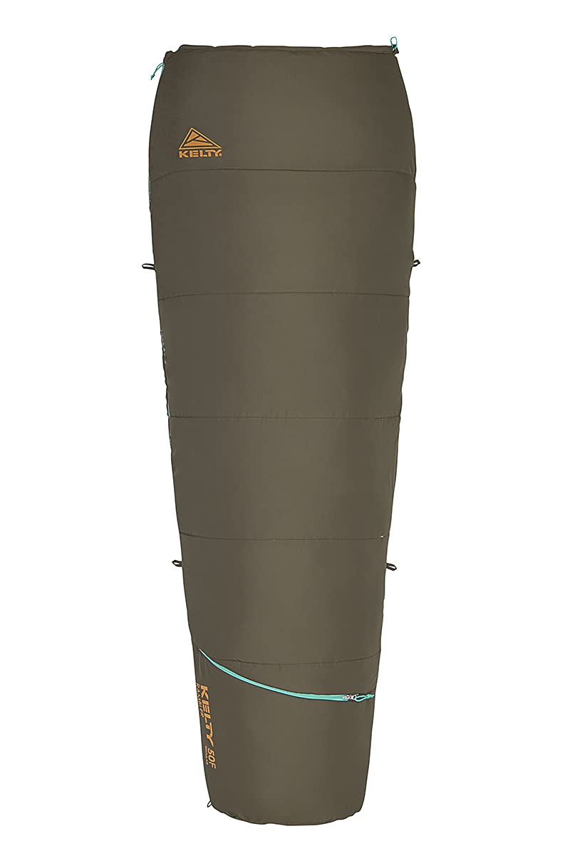 Kelty Rambler 50-degree sleeping bag in semi-rectangular shape for roomy comfort on camping trips.