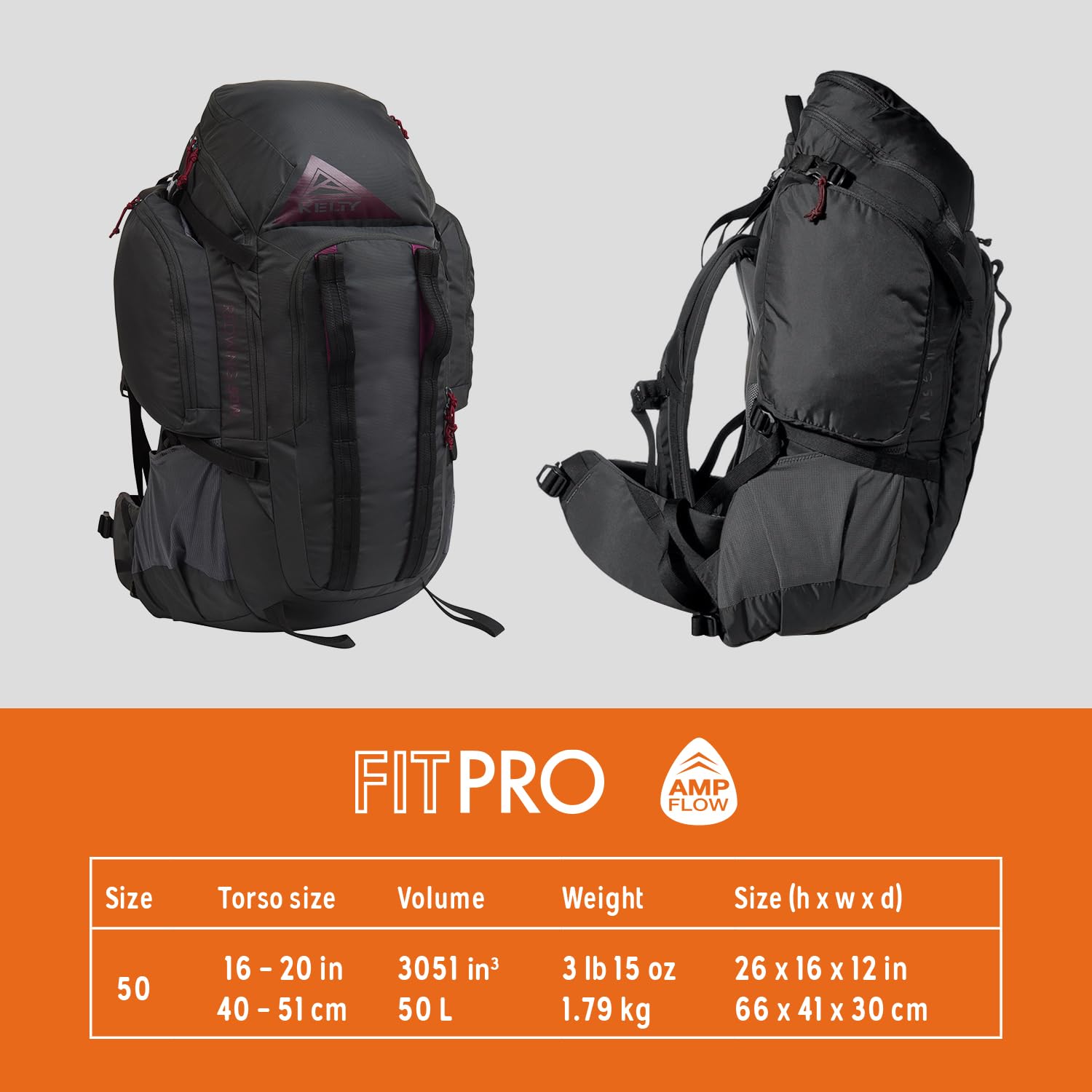 Kelty Redwing 50 women's pack shows adjustable Fit-Pro torso for personalized comfort