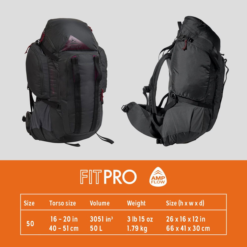 Kelty Redwing 50 women's pack shows adjustable Fit-Pro torso for personalized comfort