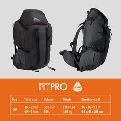 Kelty Redwing 50 women's pack shows adjustable Fit-Pro torso for personalized comfort