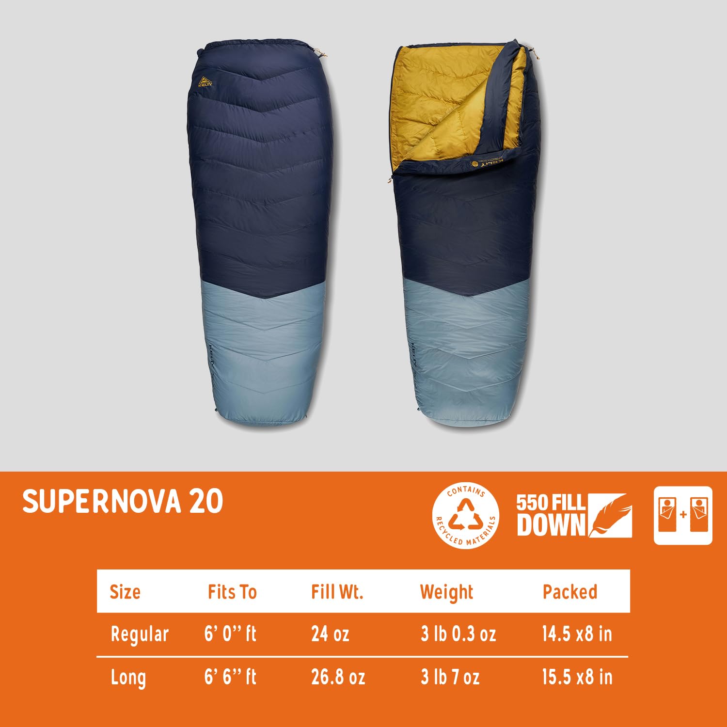 Kelty Supernova two-bag zip feature supports a 2P sleeping space.