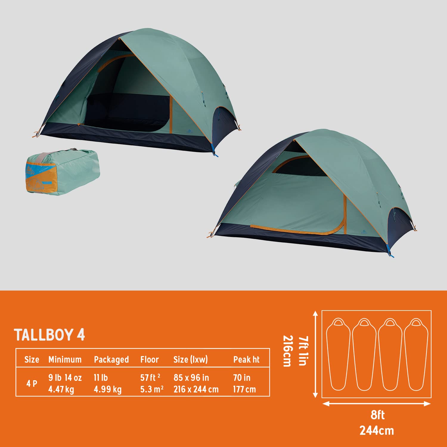 Kelty TALLBOY floor-space showing 57 sq ft for gear and lounging.