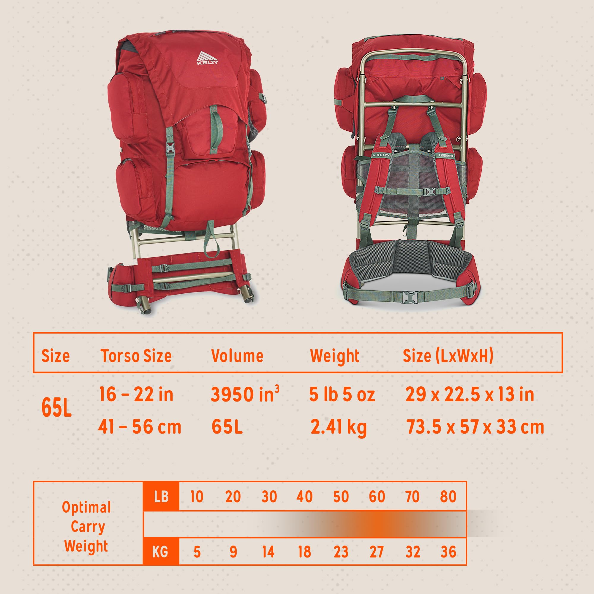 Kelty Trekker 65 hip belt and padded shoulder straps for all-day comfort