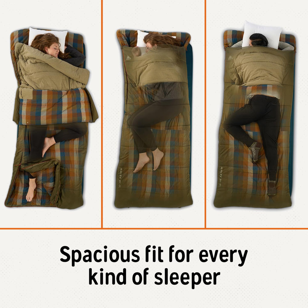 Kelty Wayback plaid flannel liner adds soft texture for cozy camping snuggles.