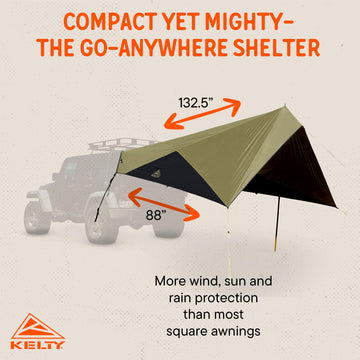 Kelty Waypoint Tarp extended coverage supports a social space at festivals.
