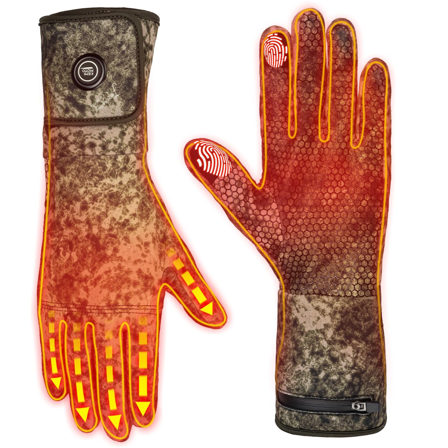 KEMIMOTO heated camo gloves outer view showing slim warmth and flexible fit