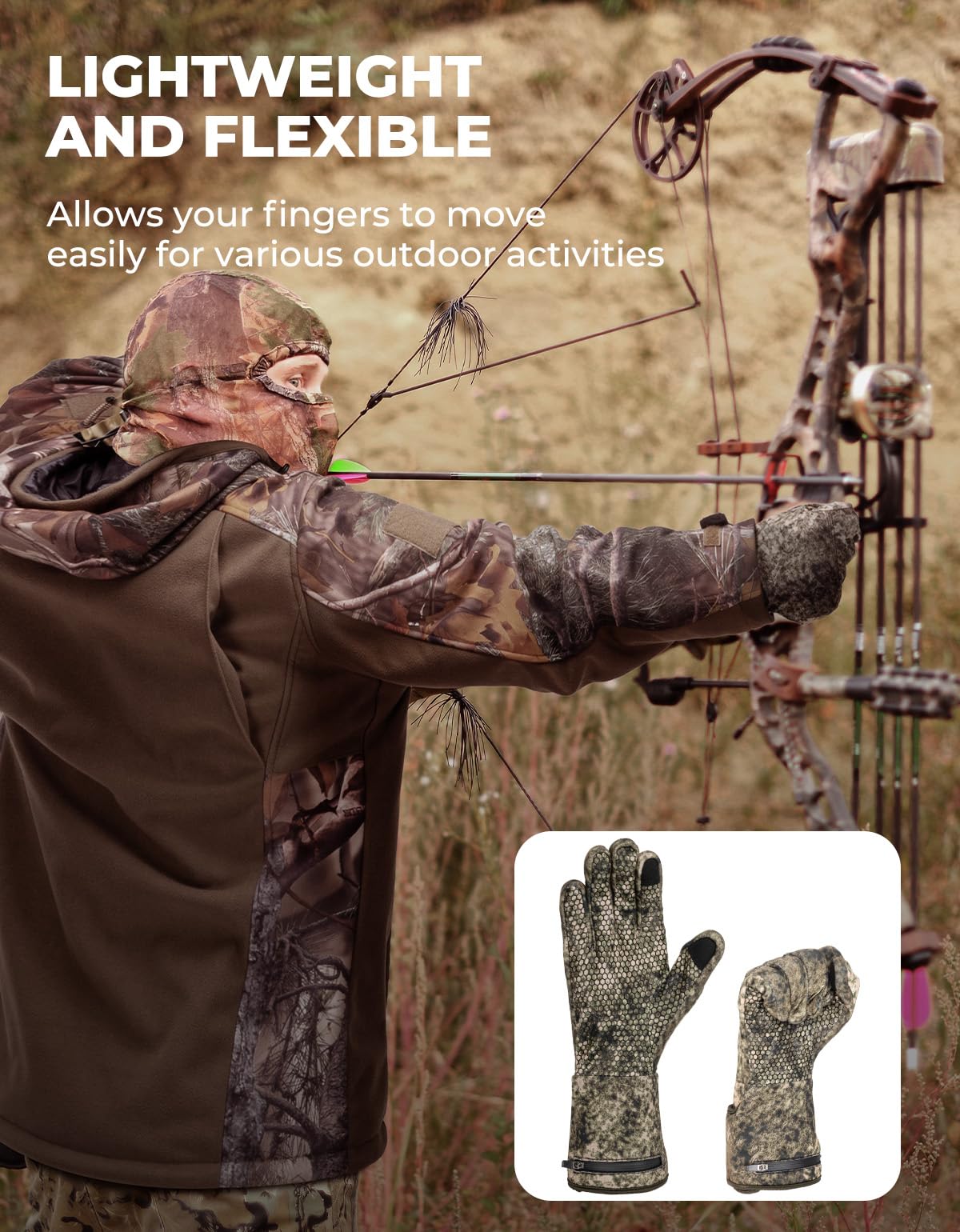 KEMIMOTO heated camo gloves two-finger touchscreen compatibility on thumb and index